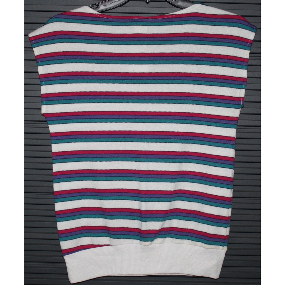 1980's Womens Top Medium Multi Color Striped Sleeveless Boat Neck Vintage - Picture 2 of 7